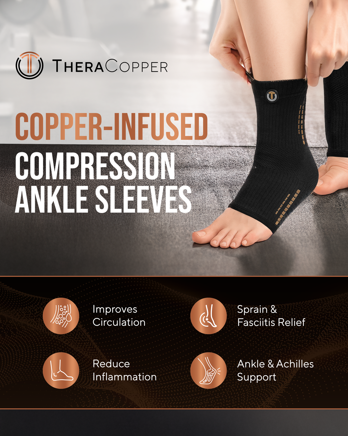 TheraCopper Copper Compression Ankle Brace Sleeves (2 Pack)