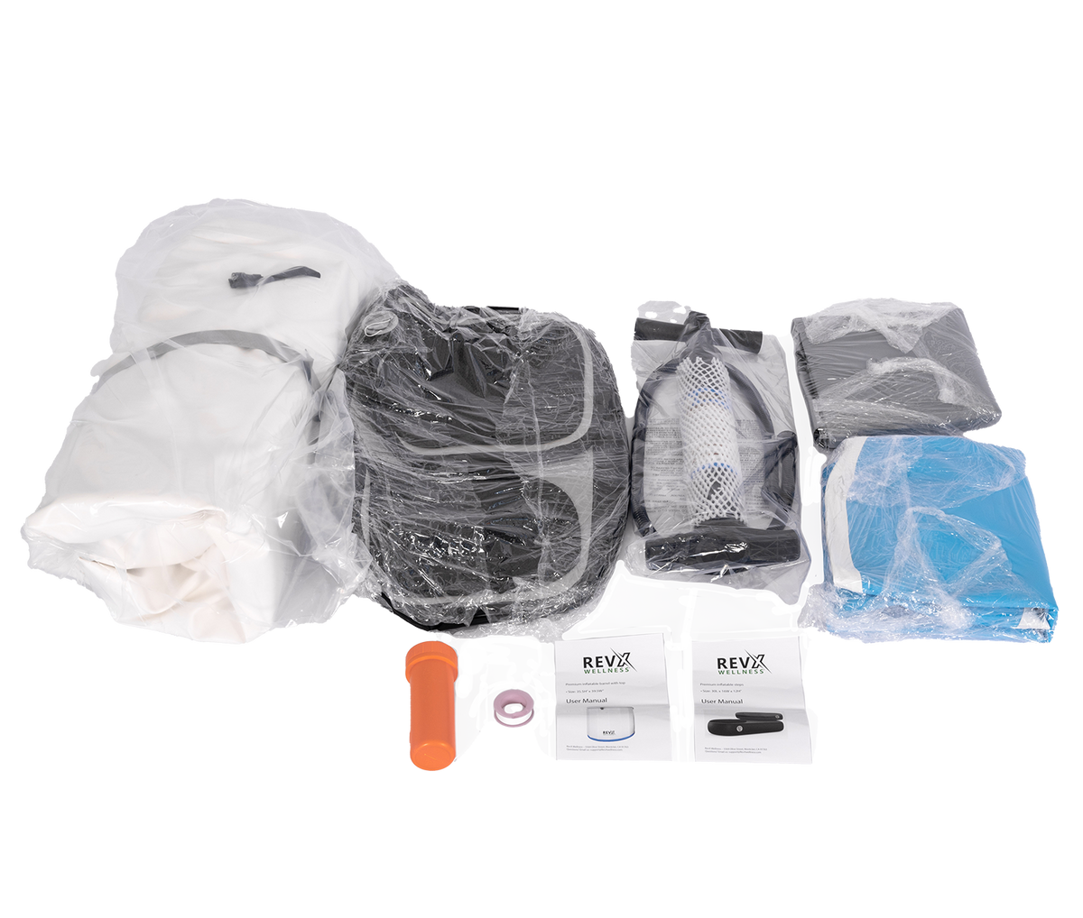 Complete RevX inflatable cold plunge kit including tub, steps, and pump.
