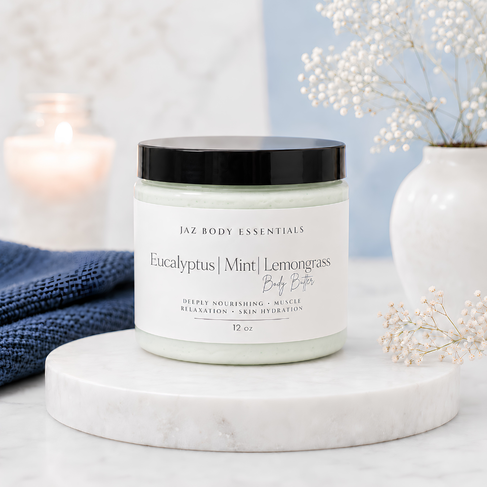 Eucalyptus | Mint | Lemongrass Magnesium Body Butter in premium packaging formulated with organic and natural ingredients for deep skin hydration. Blu Onyx