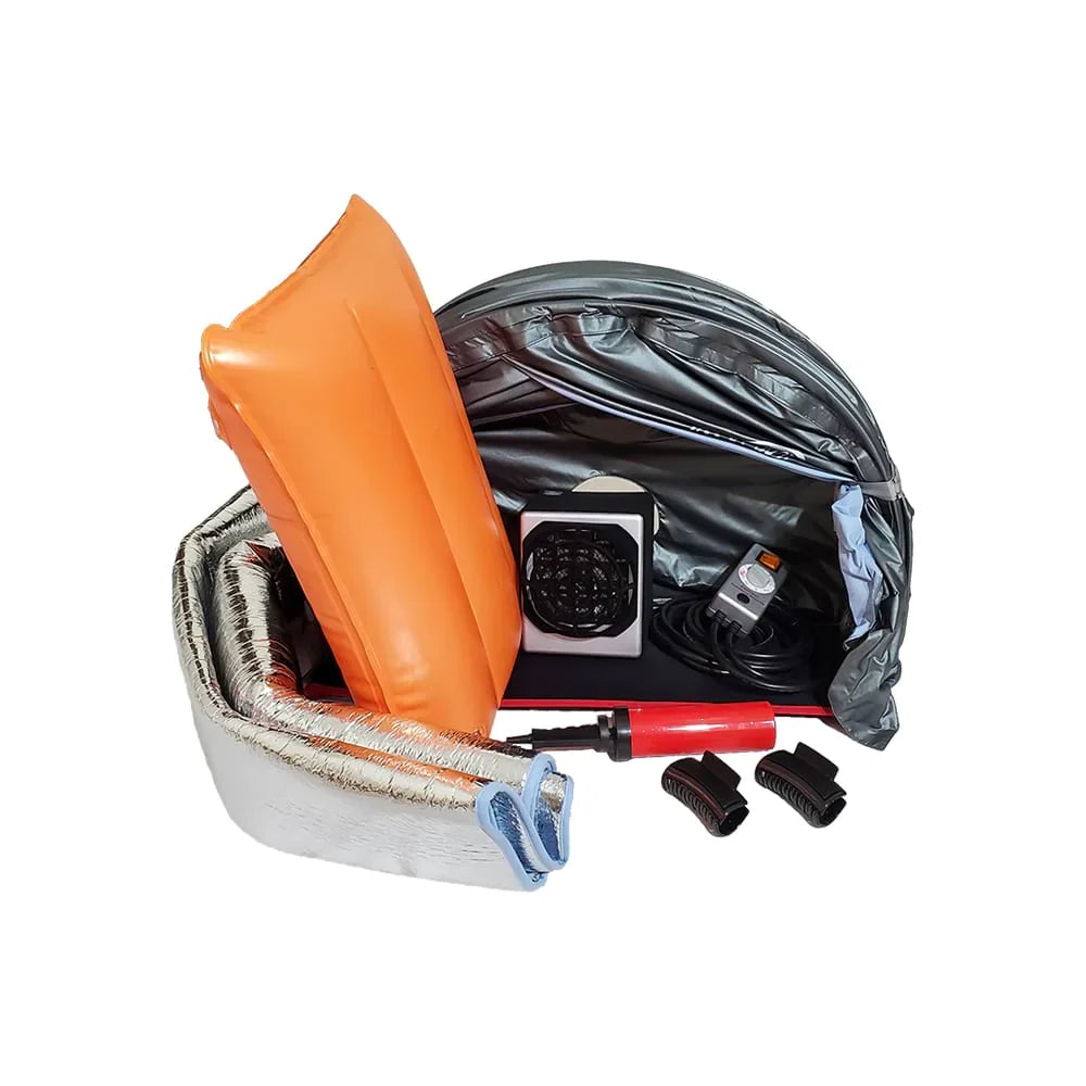 An inflatable airway adjunct set including a light blue curved inflatable pillow, folded reflective mat, a carrying case and sauna, a red pump and gray controller two infrared heating lamps and 2 clamps.