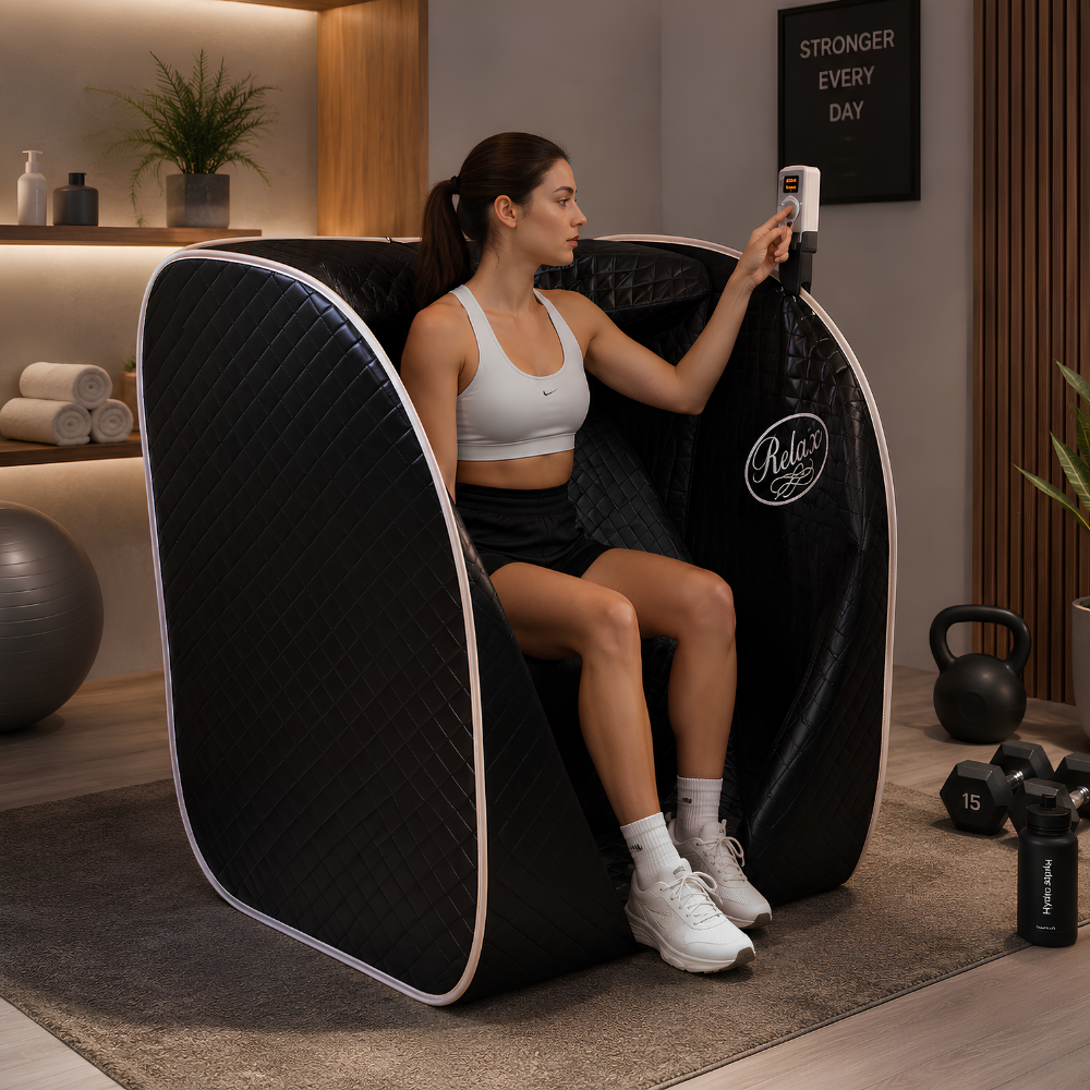 A woman sits inside a Relax Black Pro Far Infrared Sauna, holding a handheld device. The setting is a modern home gym with a wooden wall, kettlebells, and a framed motivational sign.