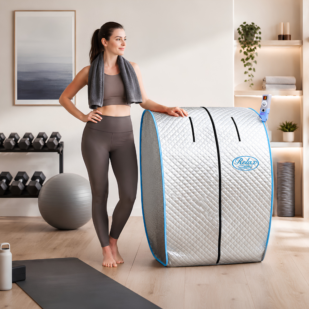 A woman in gray athletic wear stands beside a Relax Silver Elite Far Infrared Sauna with reflective silver exterior, portable seated design, patented infrared heating technology, and compact home wellness setup in a bright home gym setting. The tent has a visible Relaxx logo on the front.