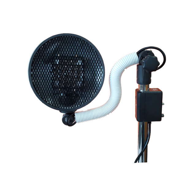 A black mesh fan or heat diffuser attachment with a flexible white corrugated hose connected to a black control box and metal stand, isolated on a white background.