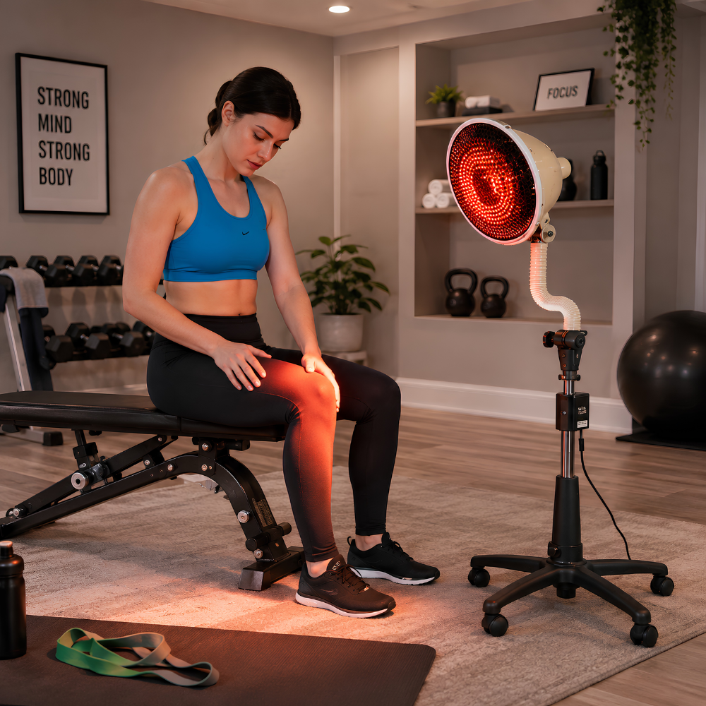 Relax Sky Eye Pro far infrared therapy lamp with adjustable flexible arm, rolling base stand, and targeted infrared heat technology for wellness and recovery on her knee.