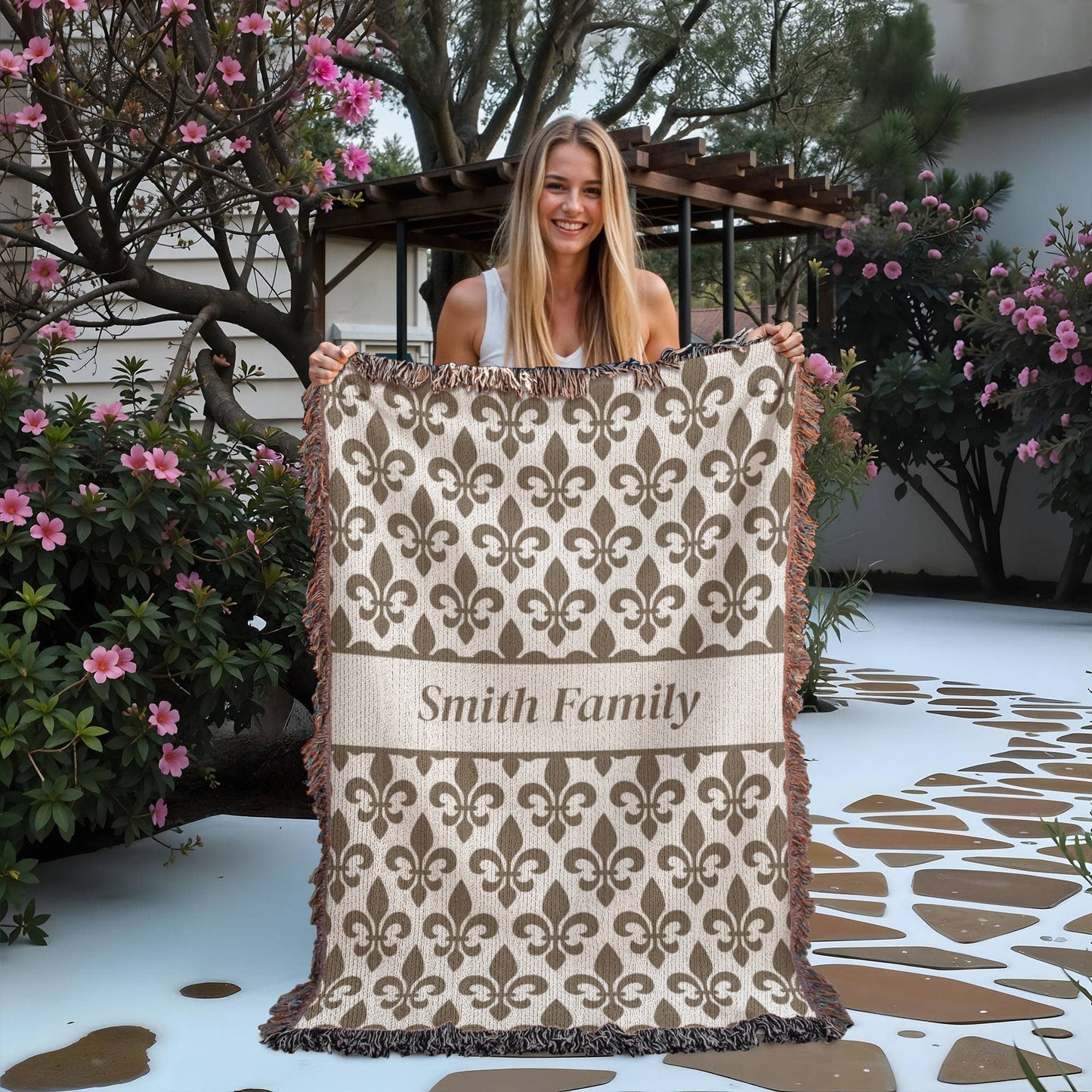 Personalized Family Name Woven Blanket | Fleur-de-lis or Flower of Life