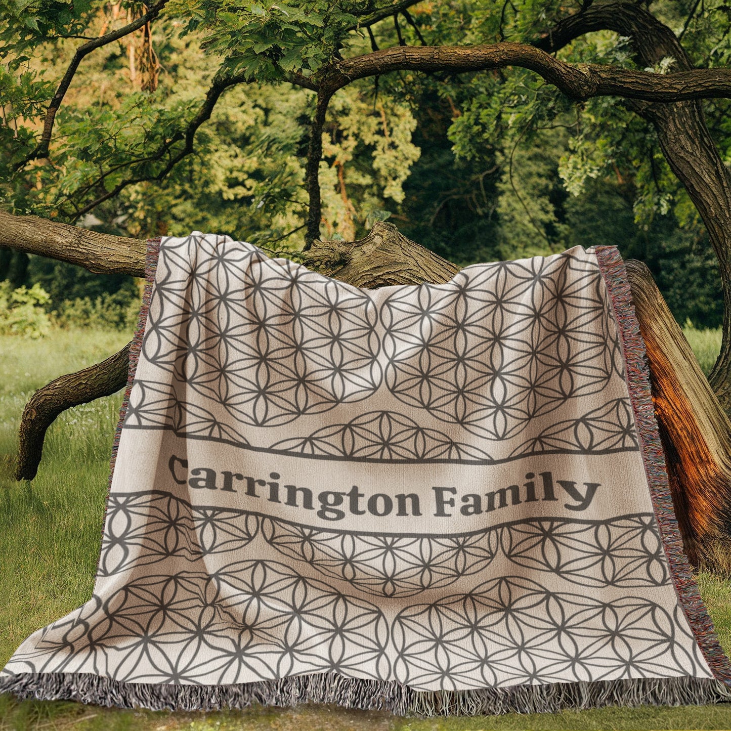 Flower of Life Personalized Family Name Woven Blanket