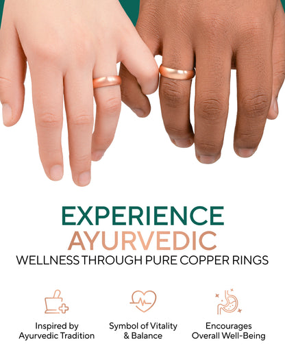 Two hands wearing copper rings with text about Ayurvedic wellness.
