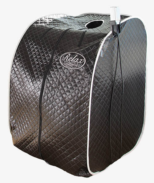 A portable Relax Black Pro Far Infrared Sauna with reinforced insulated tent, reflective interior lining, portable seated design, and premium infrared heat technology.