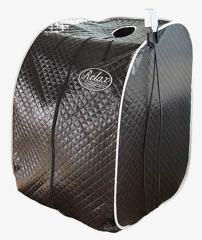 A portable Relax Black Pro Far Infrared Sauna with reinforced insulated tent, reflective interior lining, portable seated design, and premium infrared heat technology.