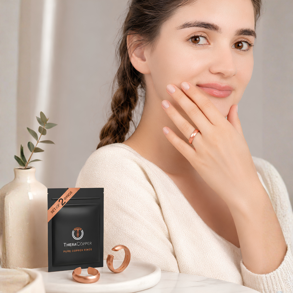 Women modeling Copper Domed ring by TheraCopper on Blu Onyx