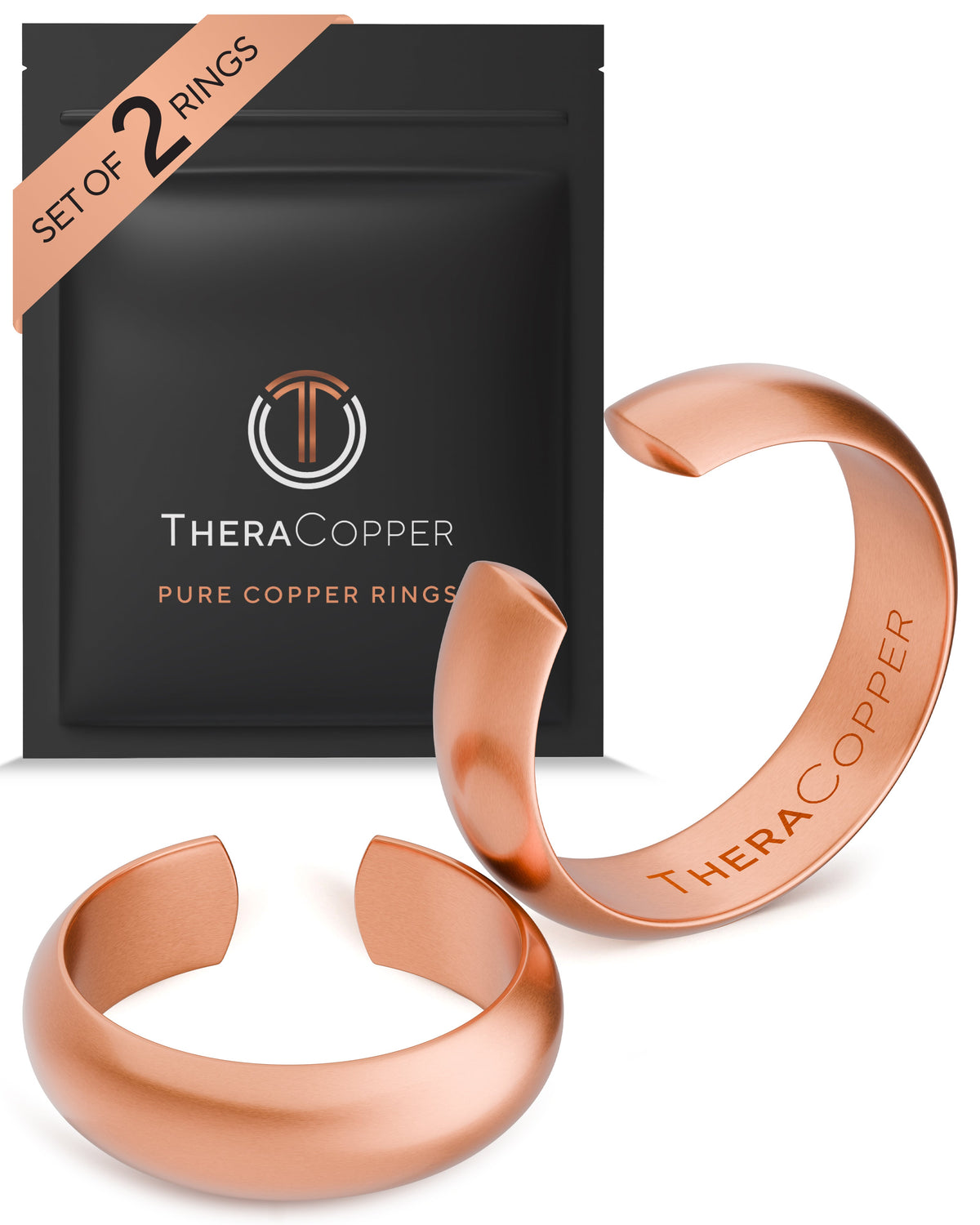 Two copper rings with 'TheraCopper' branding next to a branded packaging bag on a white background. Blu Onyx