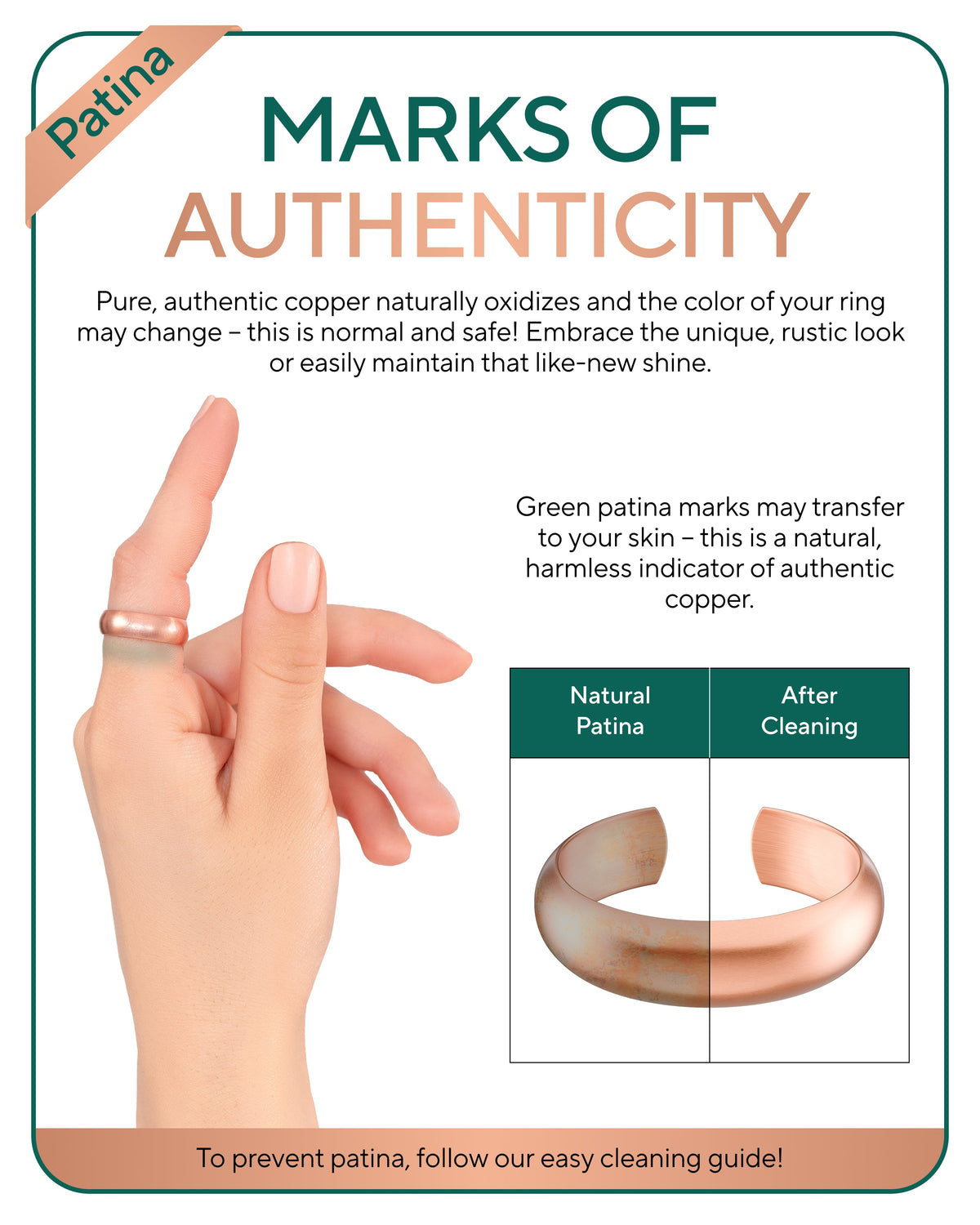 Informational graphic about patina on copper jewelry with a hand wearing a ring. Blu Onyx 