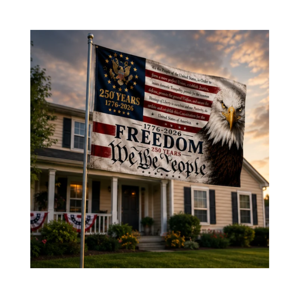 America's 250th "Freedom" and "We the People" flag with eagle design displayed outdoors