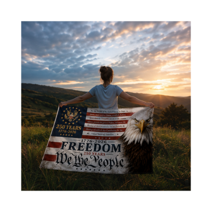 America's 250th "Freedom" and "We the People" flag with eagle design displayed outdoors