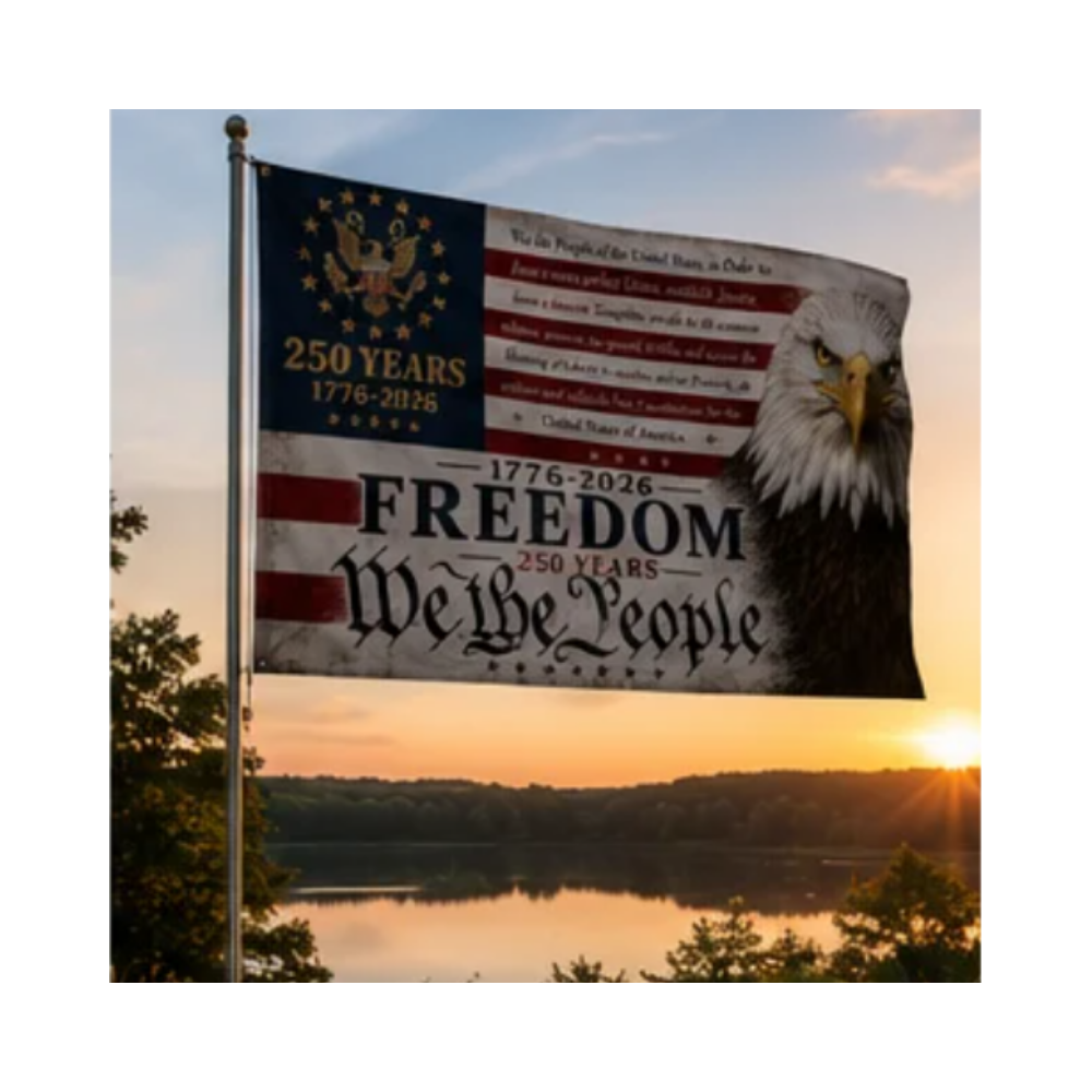 America's 250th "Freedom" and "We the People" flag with eagle design displayed outdoors