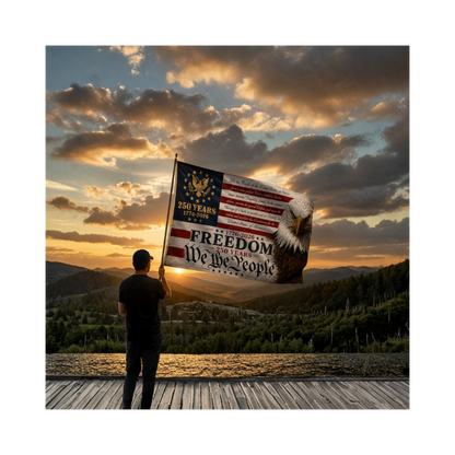 America's 250th "Freedom" and "We the People" flag with eagle design displayed outdoors