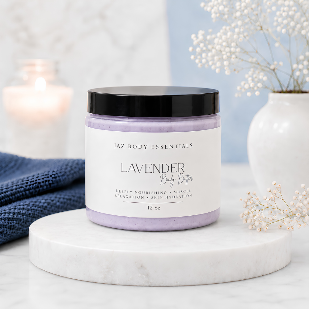 Lavender Magnesium Body Butter in premium packaging formulated with organic and natural ingredients for deep skin hydration. Blu Onyx
