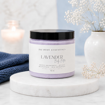 Lavender Magnesium Body Butter in premium packaging formulated with organic and natural ingredients for deep skin hydration. Blu Onyx
