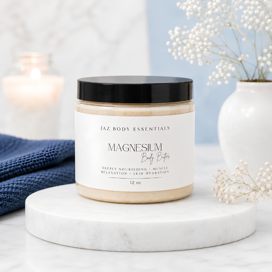 Magnesium Body Butter in premium packaging formulated with organic and natural ingredients for deep skin hydration. Blu Onyx
