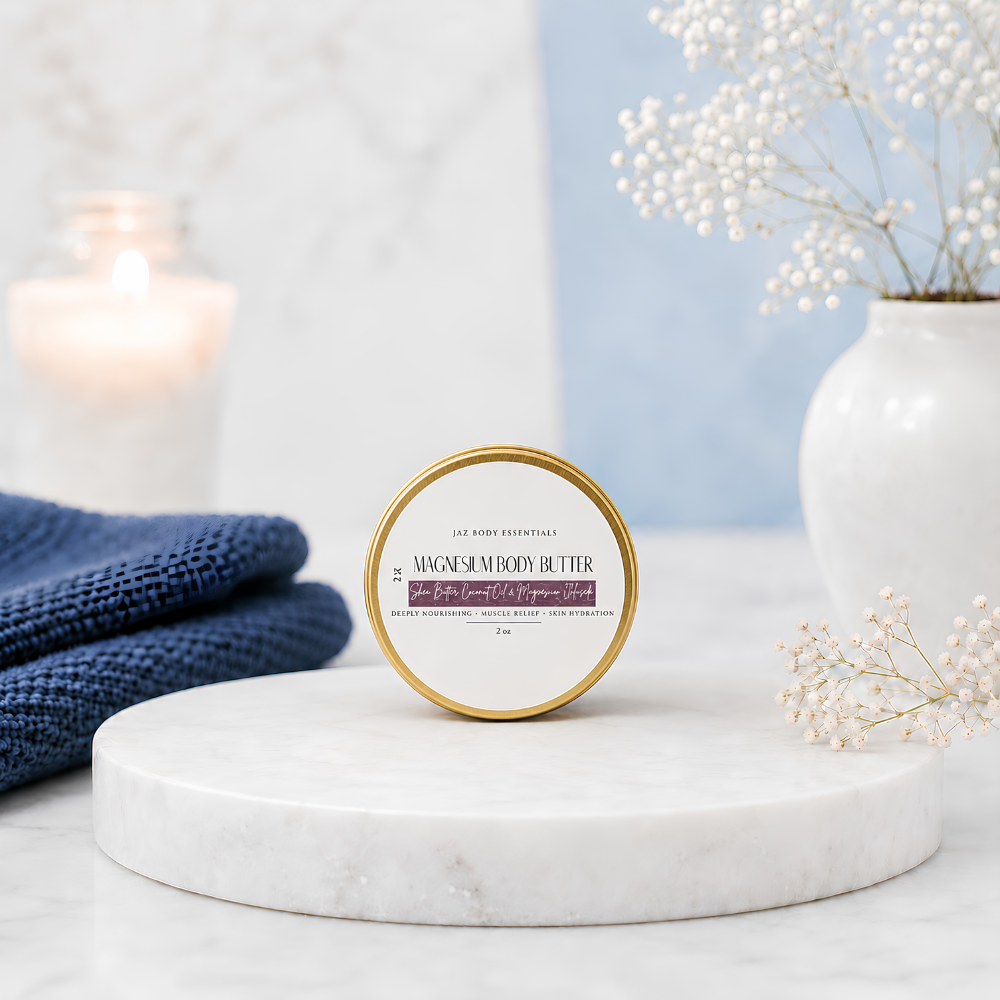 Close-up of travel size.  Still contains rich and creamy Magnesium Body Butter showcasing its smooth whipped texture.
