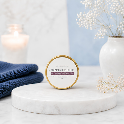 Close-up of travel size.  Still contains rich and creamy Magnesium Body Butter showcasing its smooth whipped texture.
