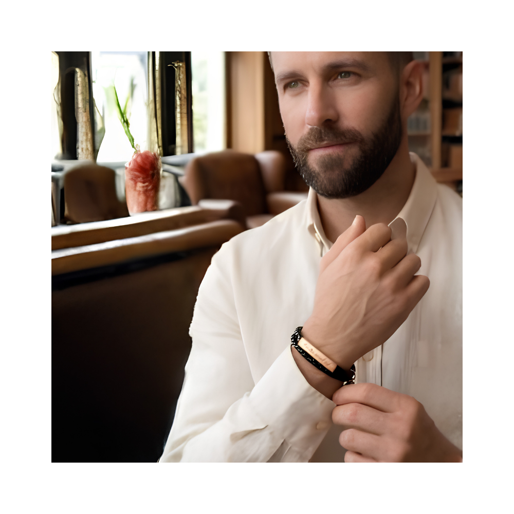 Black leather layered bracelet worn on wrist. Gold, Silver or Rose Gold