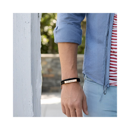 Black leather layered bracelet worn on wrist. Gold, Silver or Rose Gold