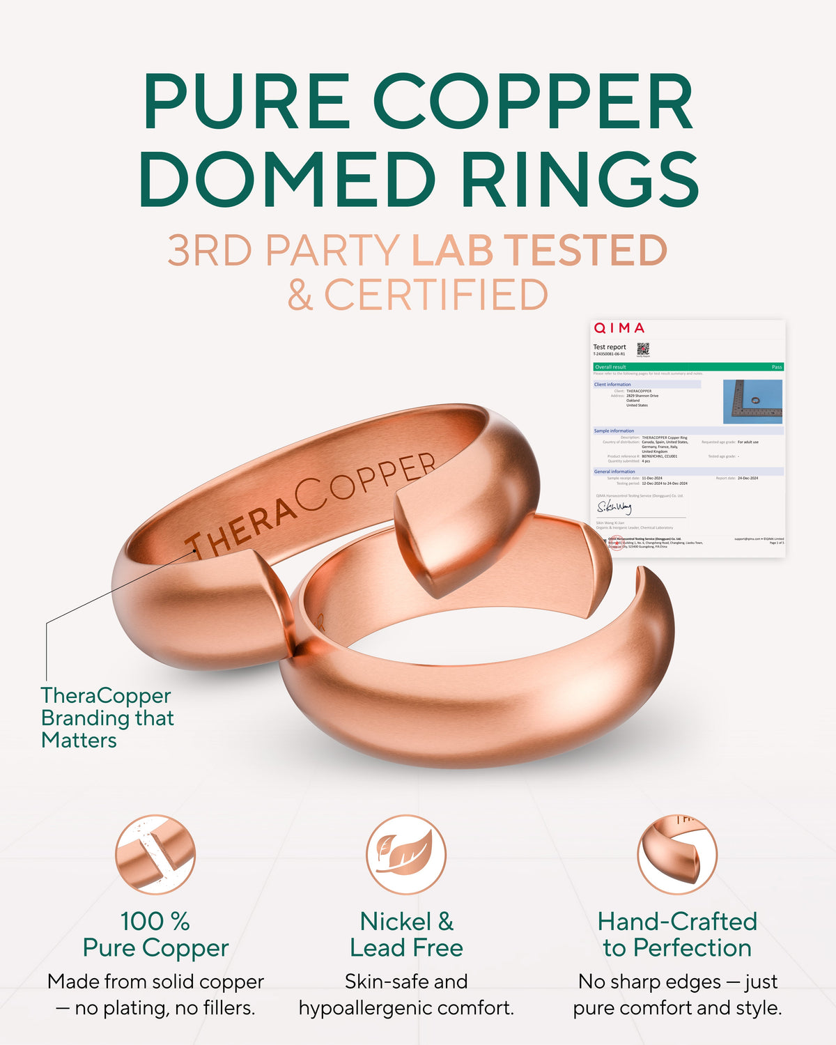 Two 100% copper rings with 'TheraCopper' branding on a white background, featuring certification details. Blu Onyx