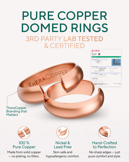 Two 100% copper rings with 'TheraCopper' branding on a white background, featuring certification details. Blu Onyx