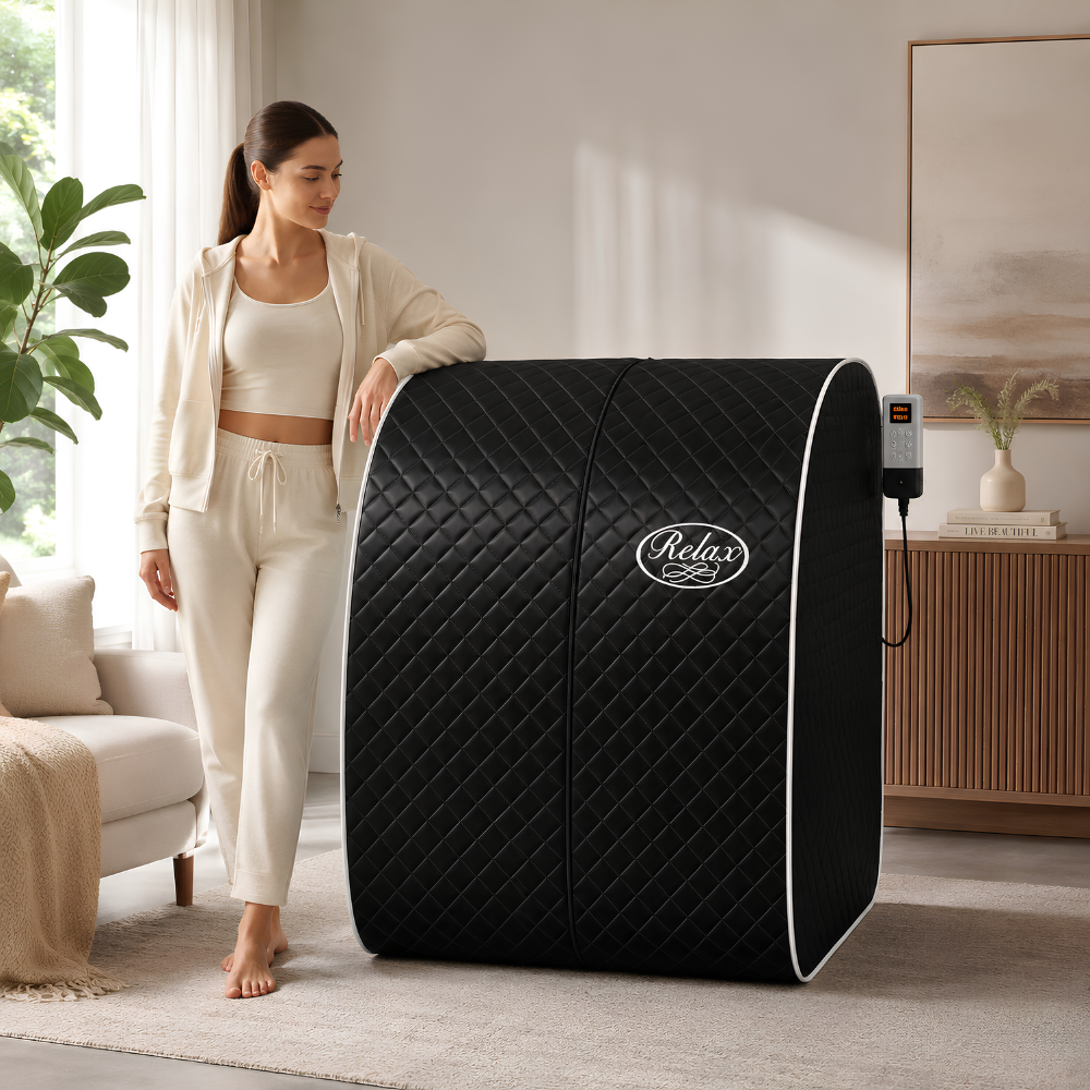 A woman in a cream lounge set stands barefoot beside a Relax Black Pro Far Infrared Sauna in a bright, modern living room.