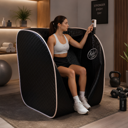 A woman sits inside a Relax Black Pro Far Infrared Sauna, holding a handheld device. The setting is a modern home gym with a wooden wall, kettlebells, and a framed motivational sign.