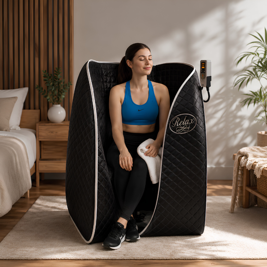 A woman sits inside a Relax Black Pro Far Infrared Sauna in a modern, sunlit bedroom.