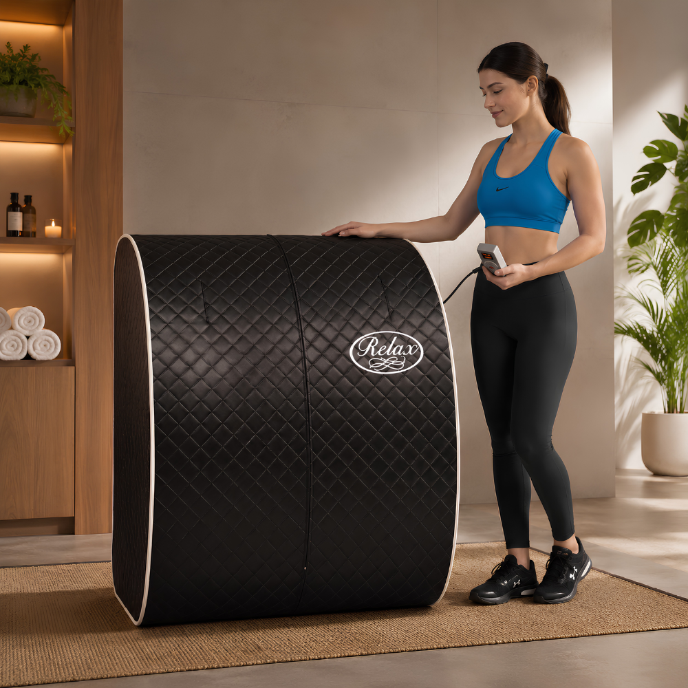 A woman in a blue sports bra and black leggings stands beside a Relax Black Pro Far Infrared Sauna in a modern indoor room with warm lighting, plants, and a wooden shelf.