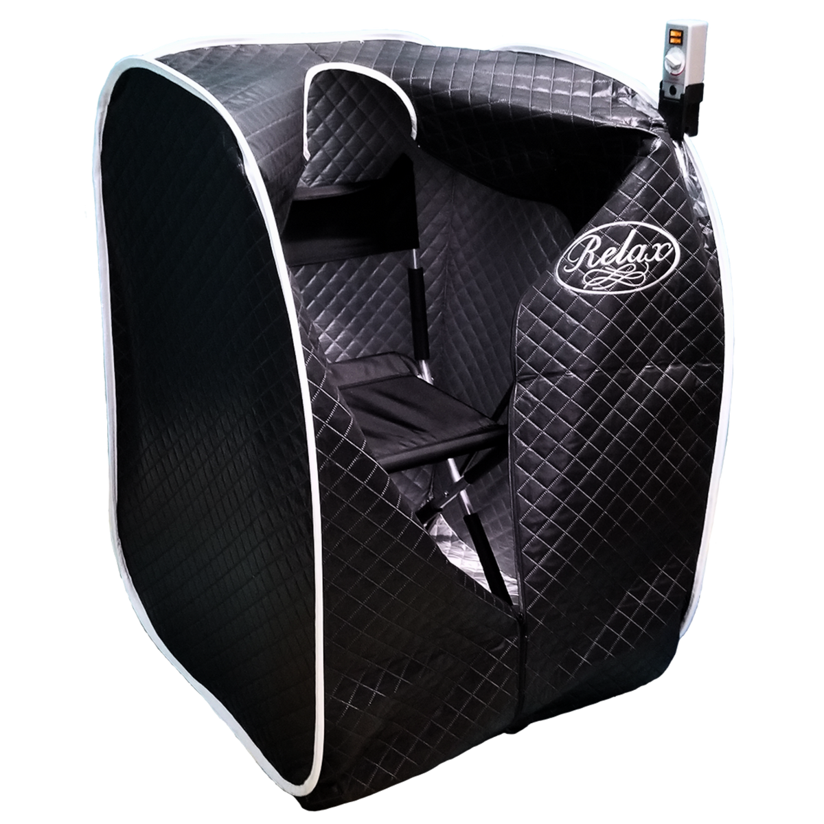 Relax Black Pro Far Infrared Sauna with reinforced insulated tent, reflective interior lining, portable seated design, and premium infrared heat technology open.