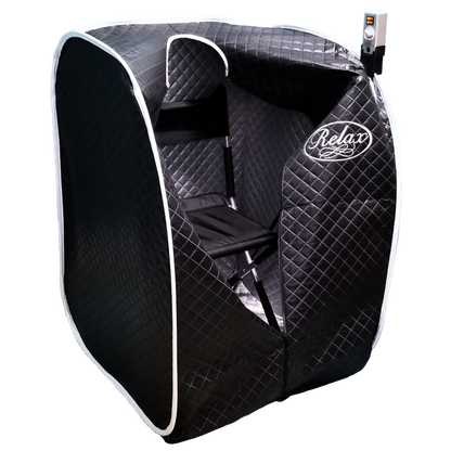 Relax Black Pro Far Infrared Sauna with reinforced insulated tent, reflective interior lining, portable seated design, and premium infrared heat technology open.