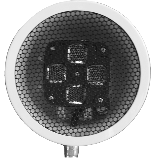 A circular white and black speaker grille or acoustic component of a Relax Far Infrared Goose Neck Therapy Lamp with adjustable flexible neck, white tabletop base, and targeted infrared heat design for wellness and recovery.