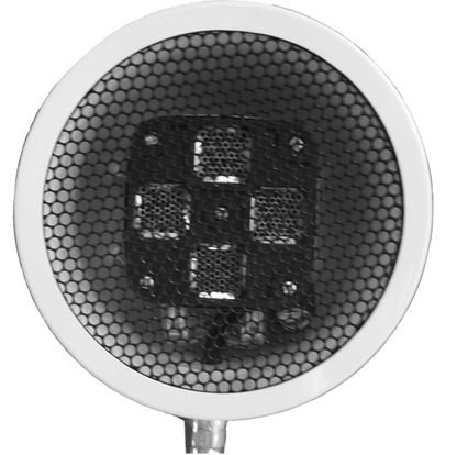 A circular white and black speaker grille or acoustic component of a Relax Far Infrared Goose Neck Therapy Lamp with adjustable flexible neck, white tabletop base, and targeted infrared heat design for wellness and recovery.