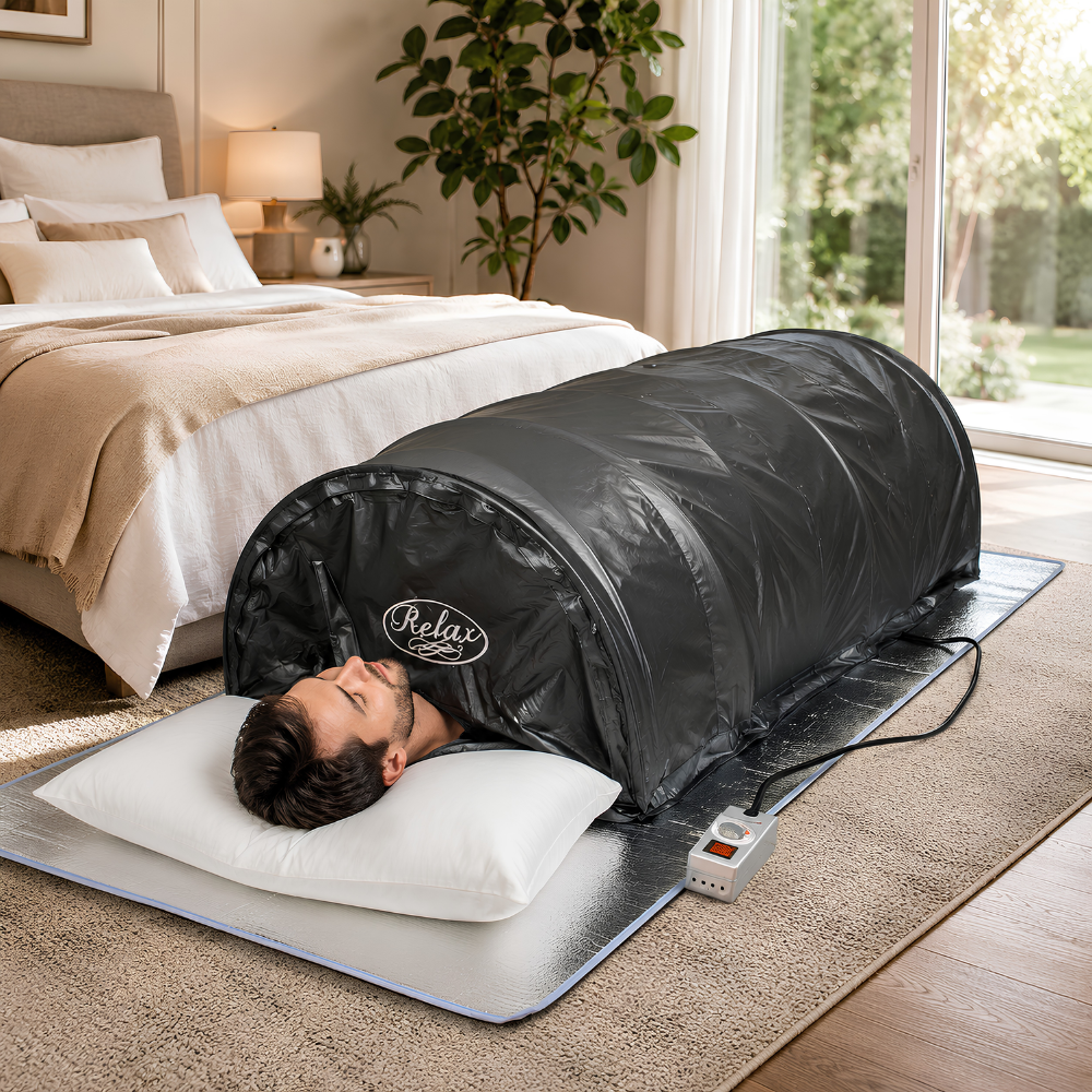 A man lies in a bright bedroom setting. He is under a black Relax Lie Down Far Infrared Sauna with portable full-body design, reflective heat mat, and comfortable wellness experience for relaxation and recovery.