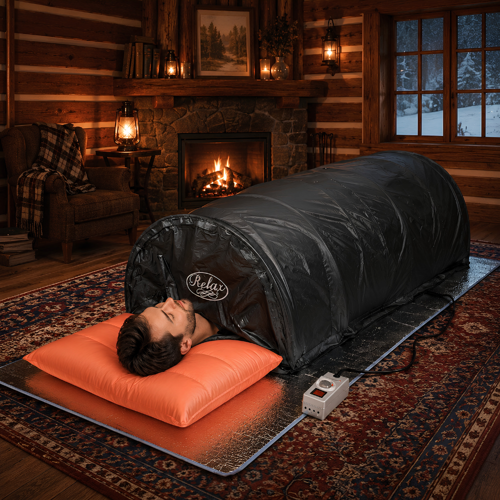 A man lies inside a black Relax spa tent on a heated mat in a cozy, wood-paneled living room with a fireplace and window showing snow outside. An orange pillow supports his head, and a power controller sits nearby.