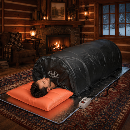 A man lies inside a black Relax spa tent on a heated mat in a cozy, wood-paneled living room with a fireplace and window showing snow outside. An orange pillow supports his head, and a power controller sits nearby.