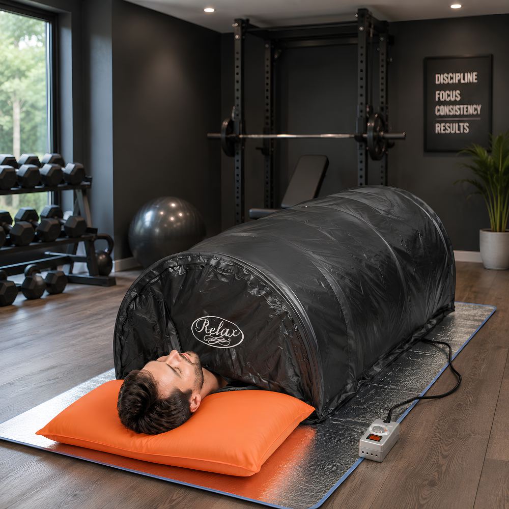 A man lies under a black Relax spa tunnel on a silver mat with an orange pillow in a modern home gym setting.
