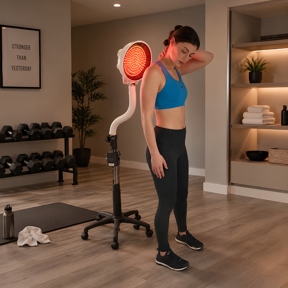 A woman in a blue sports bra and black leggings stands in a home gym using a Relax Sky Eye Pro far infrared therapy lamp with adjustable flexible arm, rolling base stand, and targeted infrared heat technology for wellness and recovery.