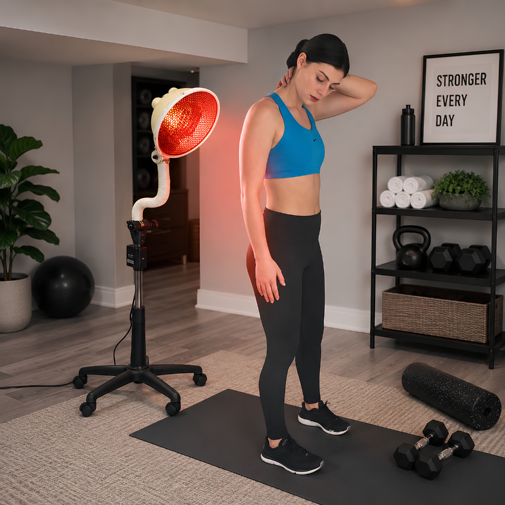 A woman in a blue sports bra and black leggings stands on a black exercise mat in a home gym setting, holding her neck as if stretching. To her left is Relax Sky Eye Pro far infrared therapy lamp with adjustable flexible arm, rolling base stand, and targeted infrared heat technology for wellness and recovery.