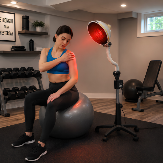 A woman in a blue sports bra and black leggings sits on a gray exercise ball in a home gym, using a Relax Sky Eye Pro far infrared therapy lamp with adjustable flexible arm, rolling base stand, and targeted infrared heat technology for wellness and recovery.