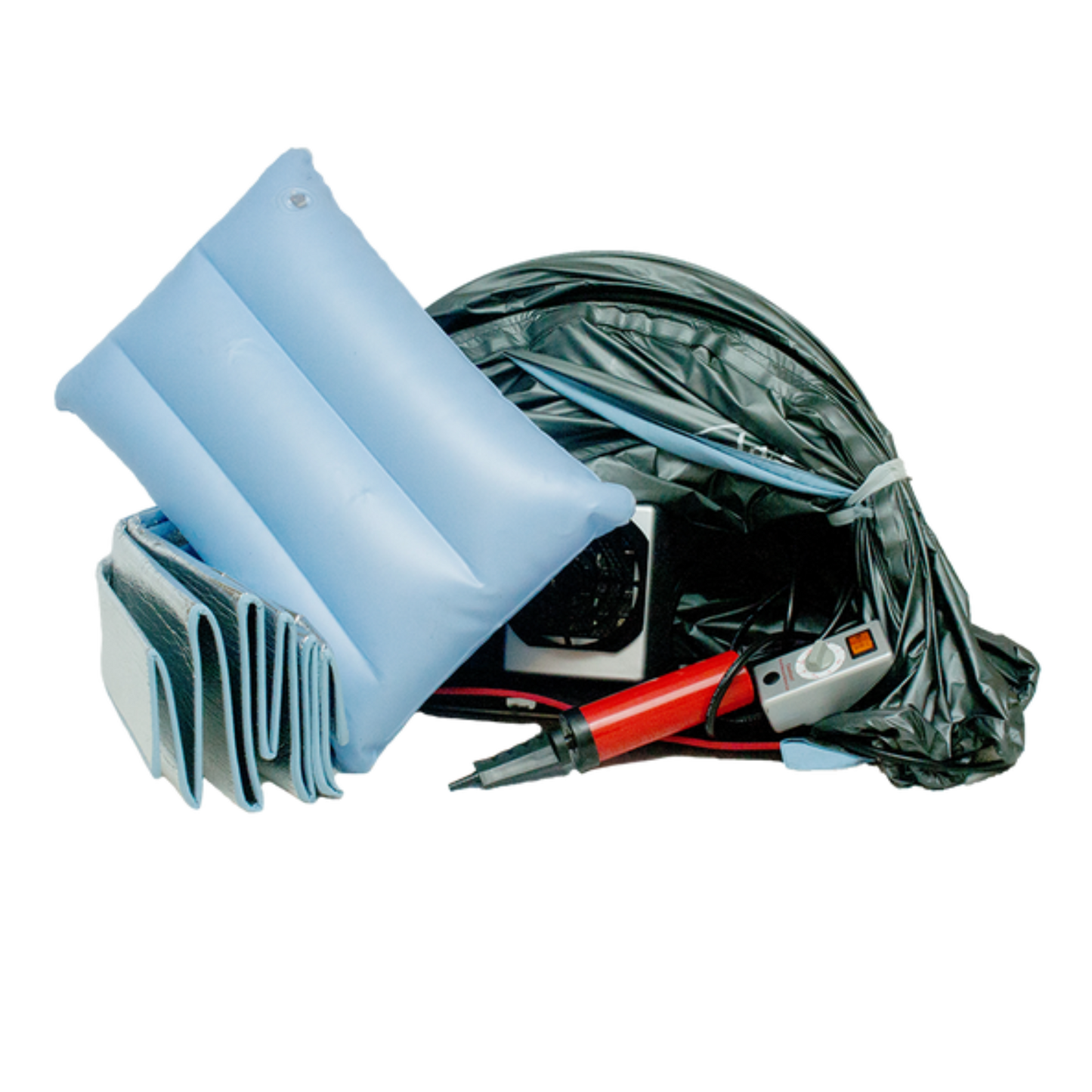 An inflatable airway adjunct set including a light blue curved inflatable pillow, folded reflective mat, a carrying case and sauna, a red pump and gray controller, and two infrared heating lamps.