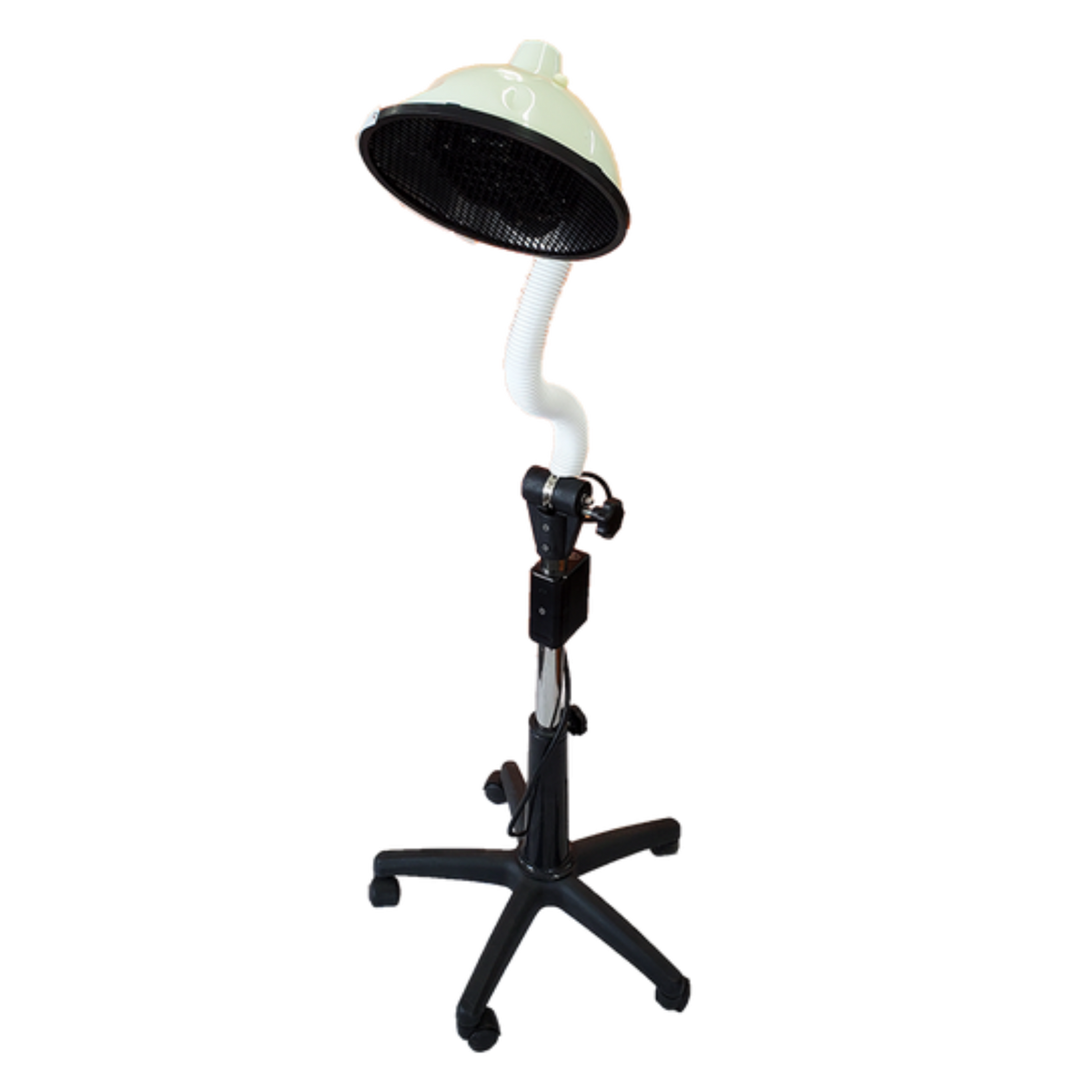 A freestanding Relax Sky Eye Pro far infrared therapy lamp with adjustable flexible arm, rolling base stand, and targeted infrared heat technology for wellness and recovery with a black dome head, white flexible neck, black stand, and caster wheels, isolated on a white background.