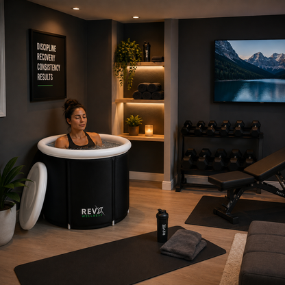 Athlete using RevX Ice Pod for post-workout cold plunge recovery