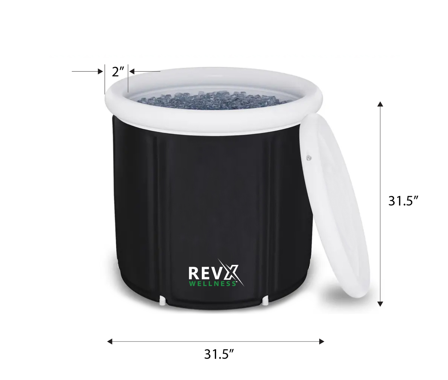 RevX Ice Pod portable cold plunge tub with insulated cover measurements