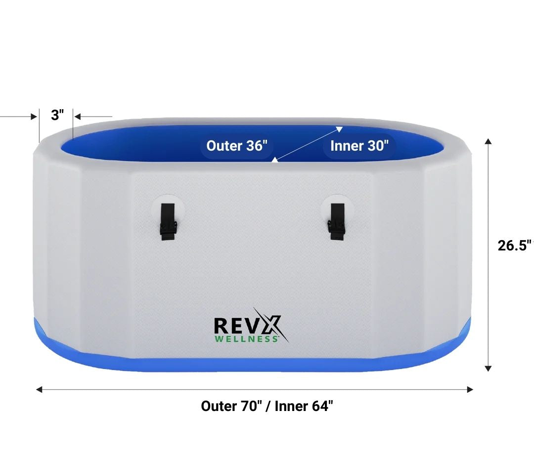RevX Inflatable Cold Plunge Tub Deluxe with dimensions labeled, featuring the REVX Wellness brand.