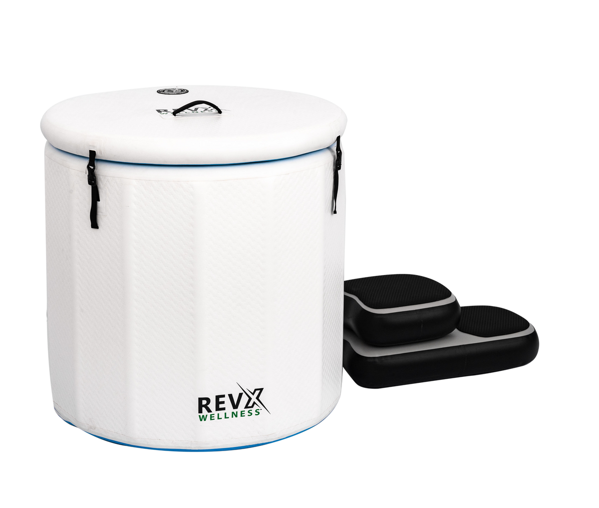 RevX inflatable cold plunge barrel with insulated lid and inflatable entry steps